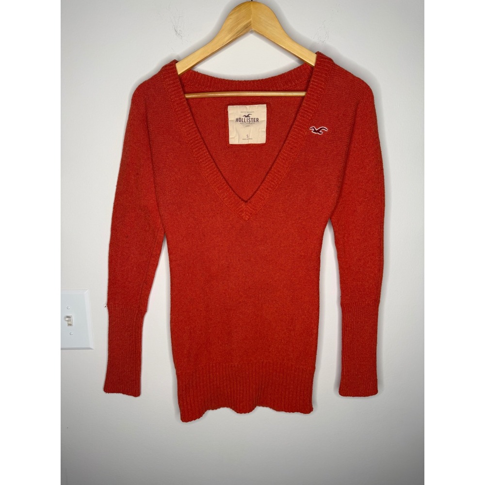 Y2K Hollister Womens Ahola Orange V-Neck Sweater Babydoll Seagull Logo Small
